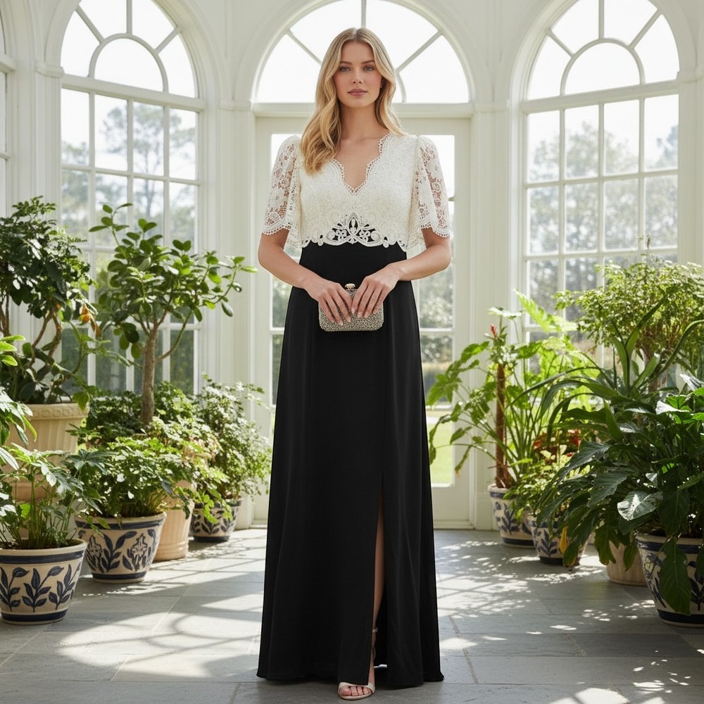 Scott McClintock Maxi Dress Women's 8 Black Ivory Lace V-Neck Slit Vintage USA